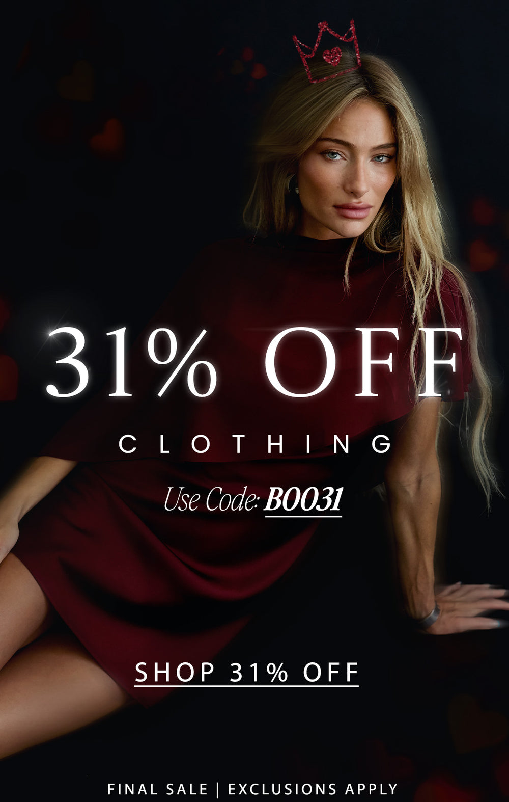Promo banner featuring a model with text saying 31% Off Clothing with code BOO31