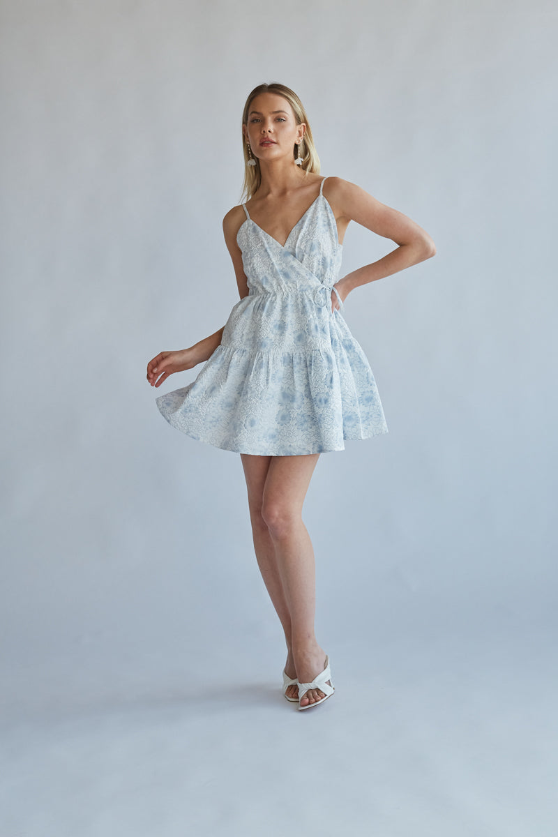 white with blue floral print babydoll wrap dress | bridesmaid dress boutique