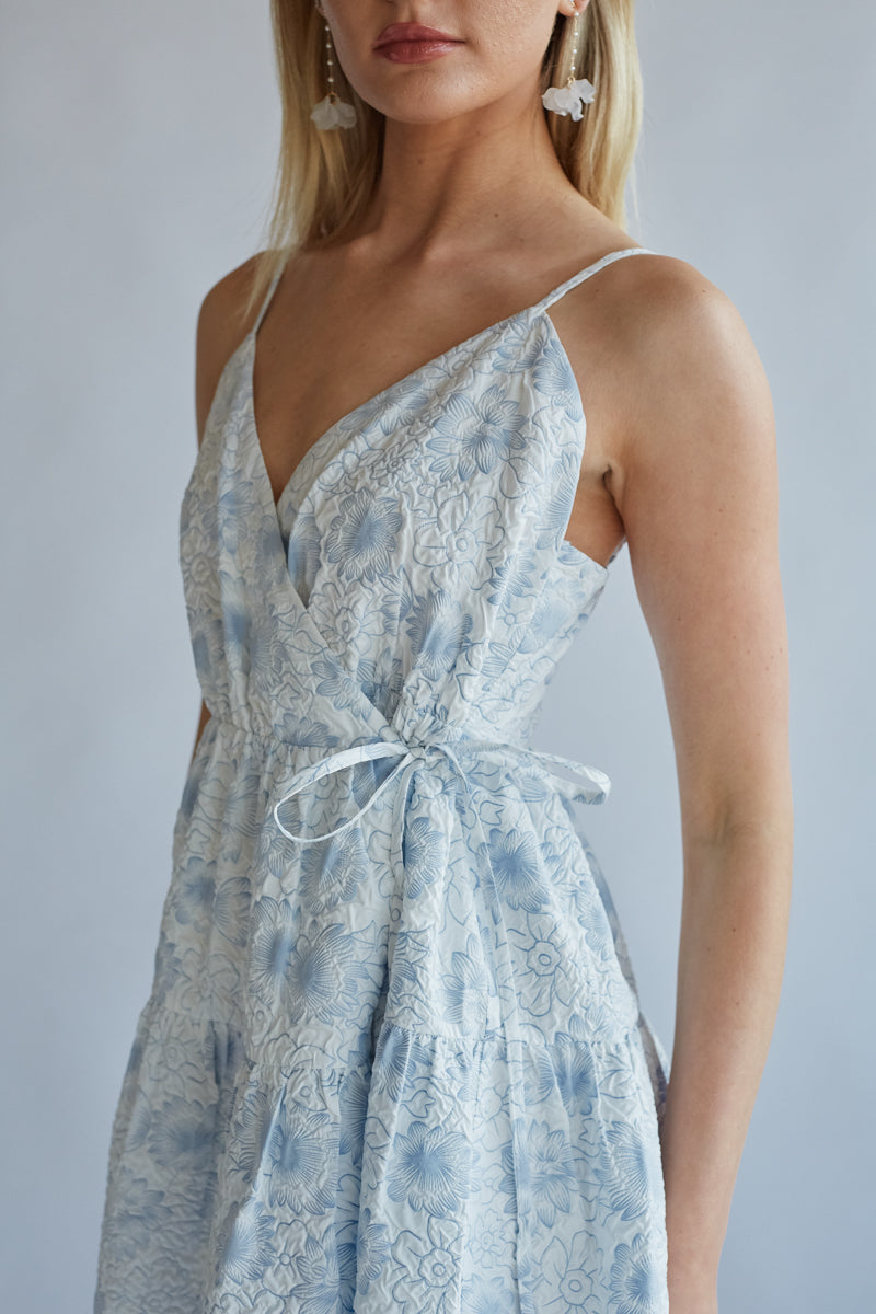 white and blue floral sundress | blue baby shower mini dress