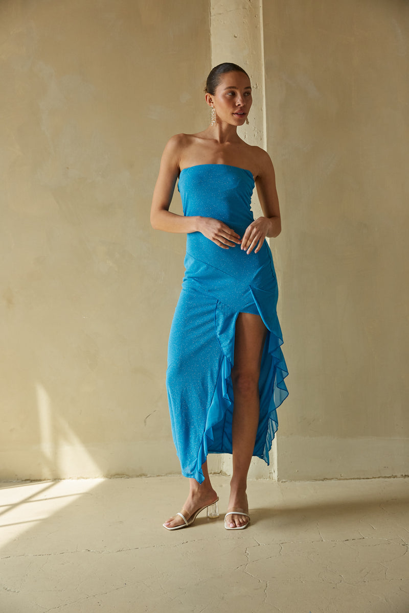 Yvette Ruffles Tube Maxi Dress, Blue Glitter / S