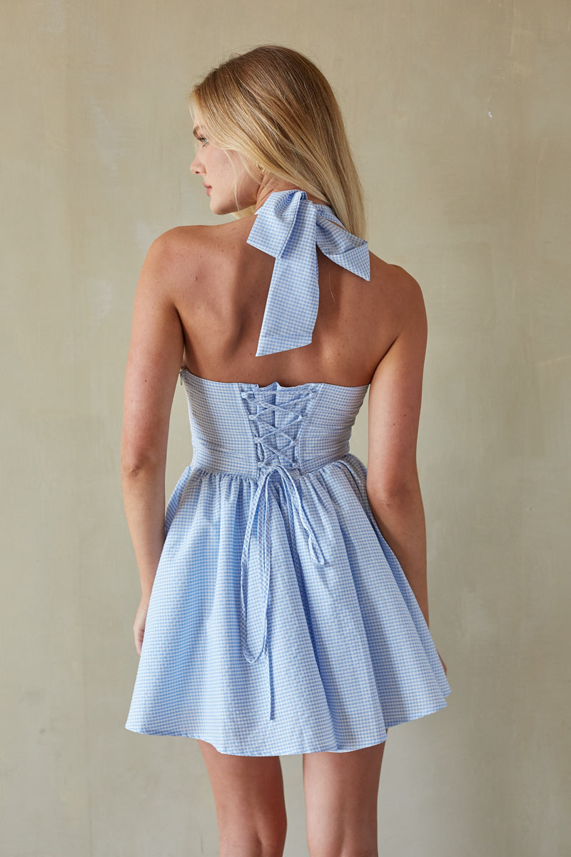 Yvonne Corset Gingham Mini Dress, Light Blue / S