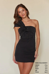 front view | black one shoulder mini dress | twist front asymmetrical dress  | black-image