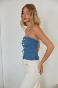 side view | denim strapless lace up corset top 