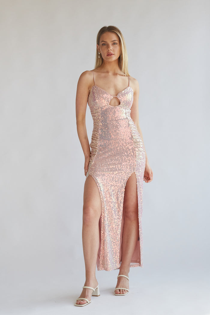 pink-image | pink sequin maxi dress with keyhole cutout and double slit detailing | flattering sparkly prom dress