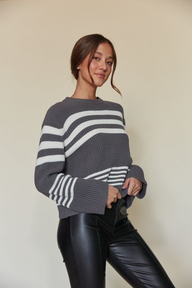 crew neck casual sweater with dark grey and white stripes | trendy women's sweater boutique
