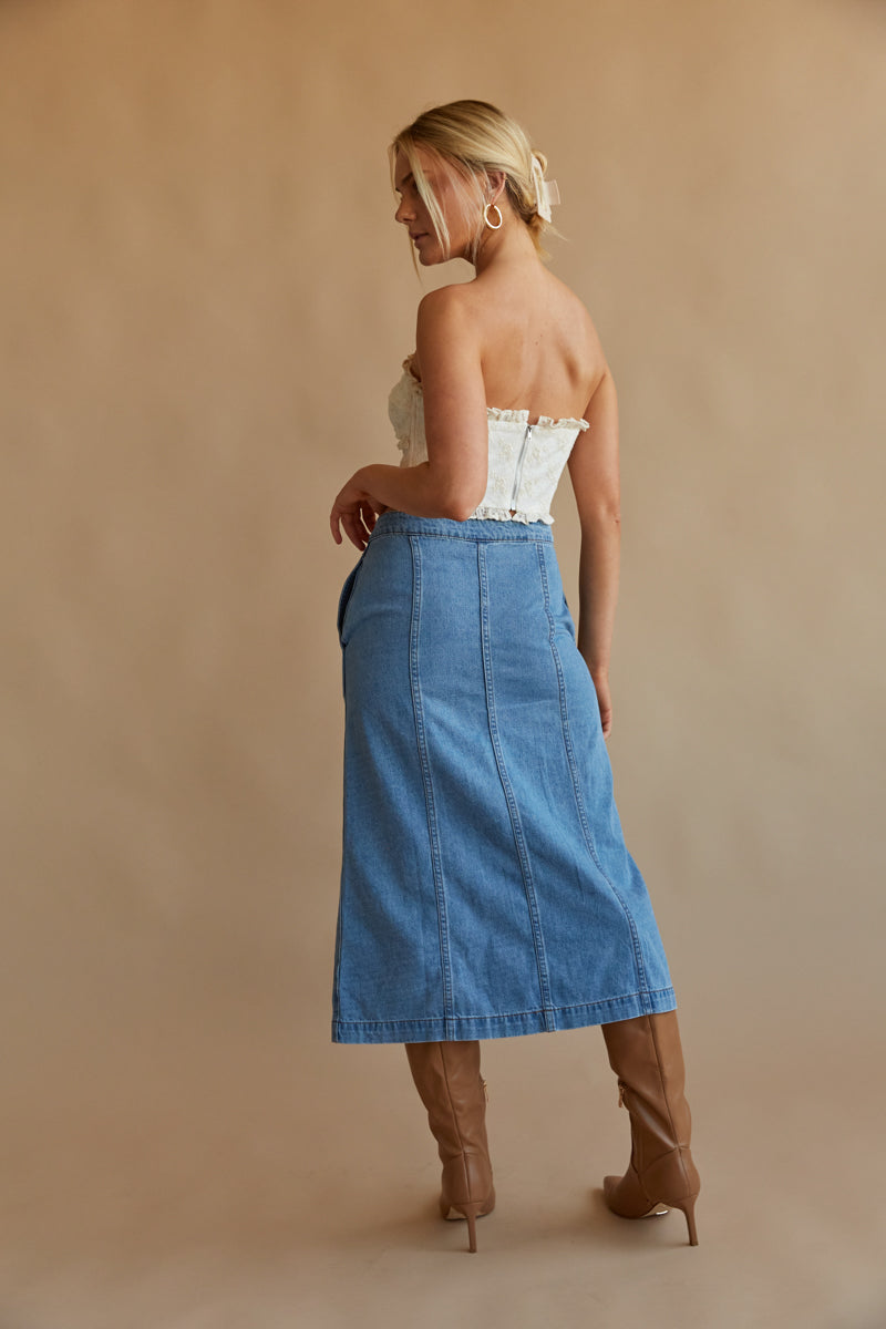 medium wash long denim skirt - button up denim midi skirt - trendy fall outfit