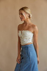 cream strapless floral embroidery top - fall outfit inspo -