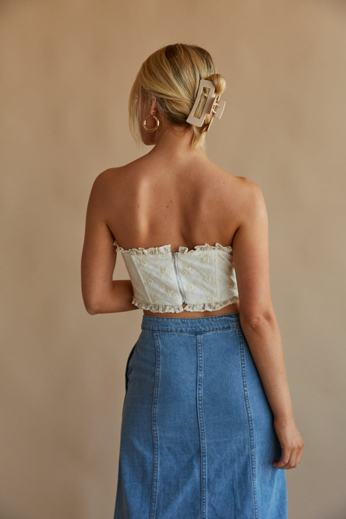 strapless notched bustier top - denim midi skirt outfit