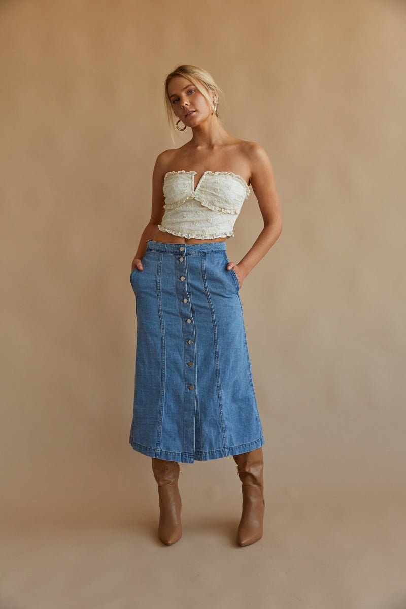 high waist button up front denim midi skirt - medium wash long denim skirt - 2023 fall outfit