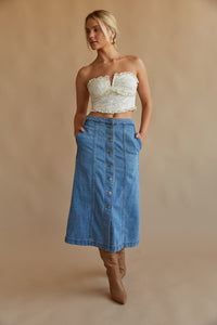 medium wash denim midi skirt - long button up front denim skirt - trendy fall outfit