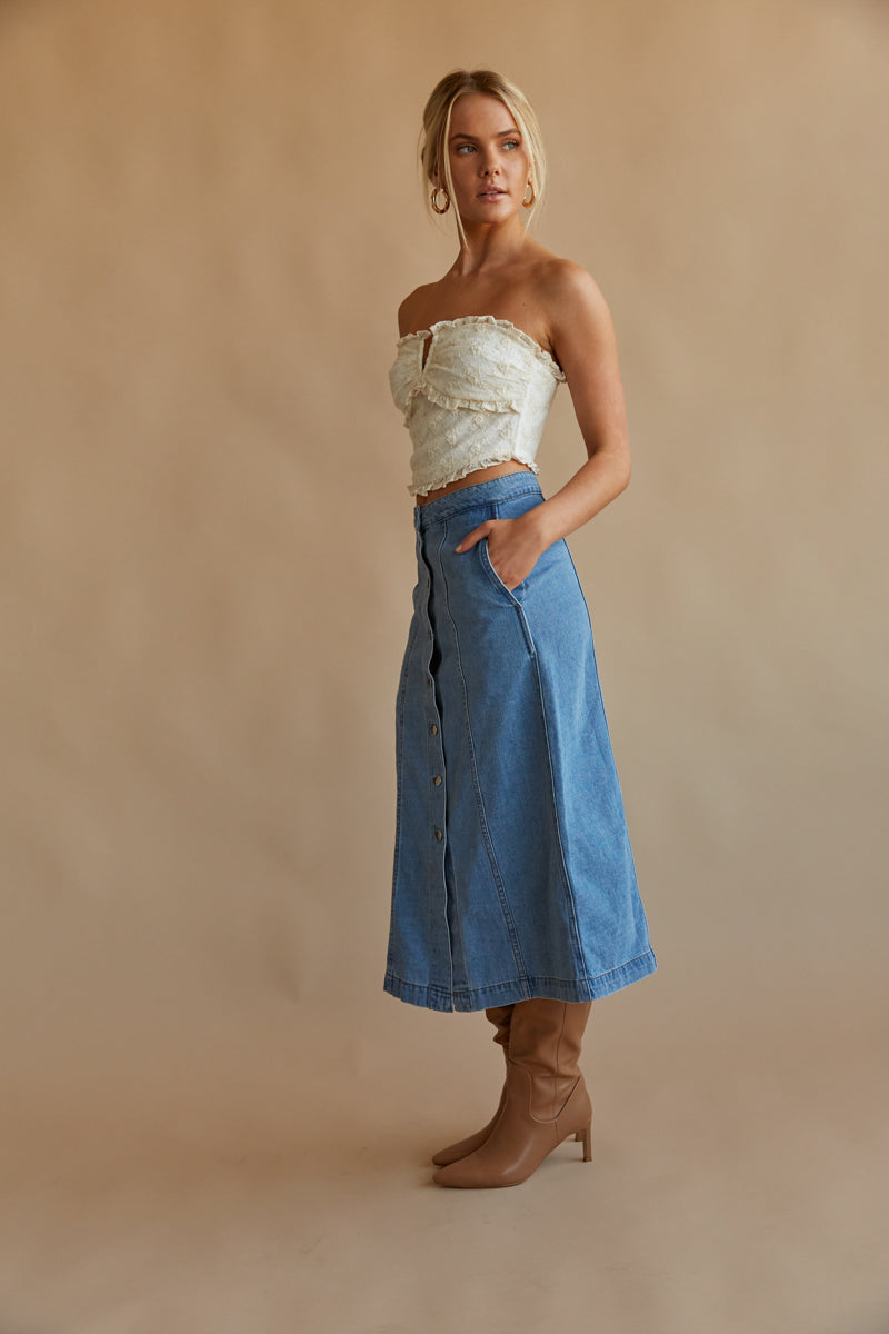 medium wash denim midi skirt - button up front long denim skirt - 2023 fall outfit