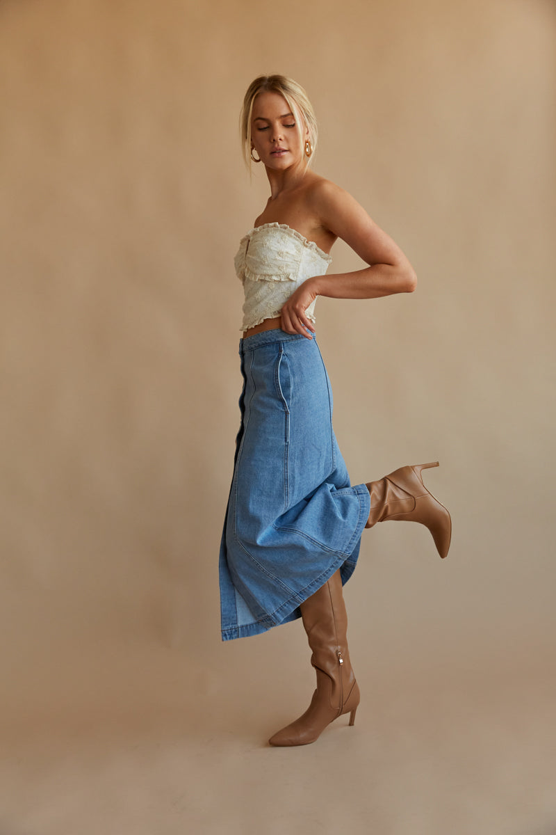 medium wash denim midi skirt with pockets - button up front long denim skirt - trendy fall outfit