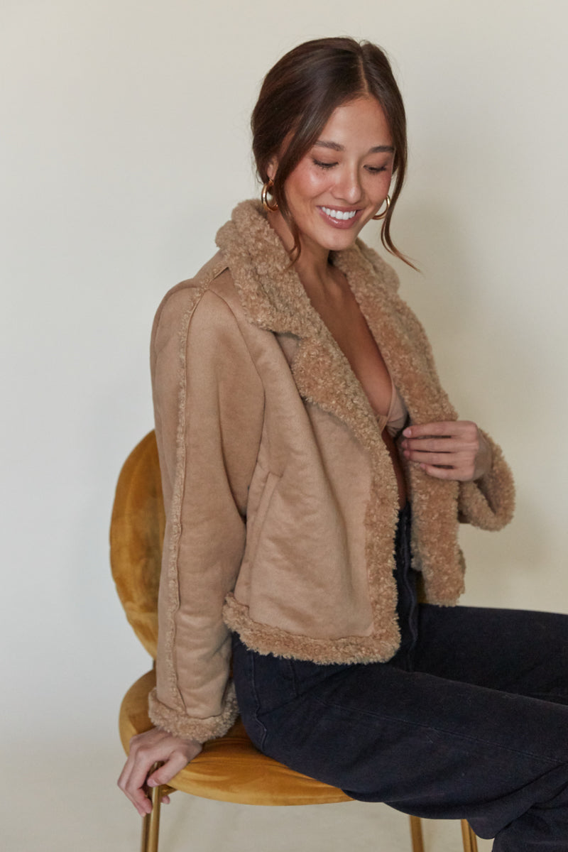 mocha sherpa lined jacket - warm fuzzy jacket - thanksgiving outfit inspo