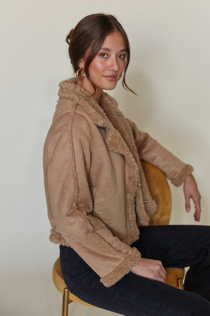 trendy winter outerwear - sherpa lined suede jacket - brown cozy jacket