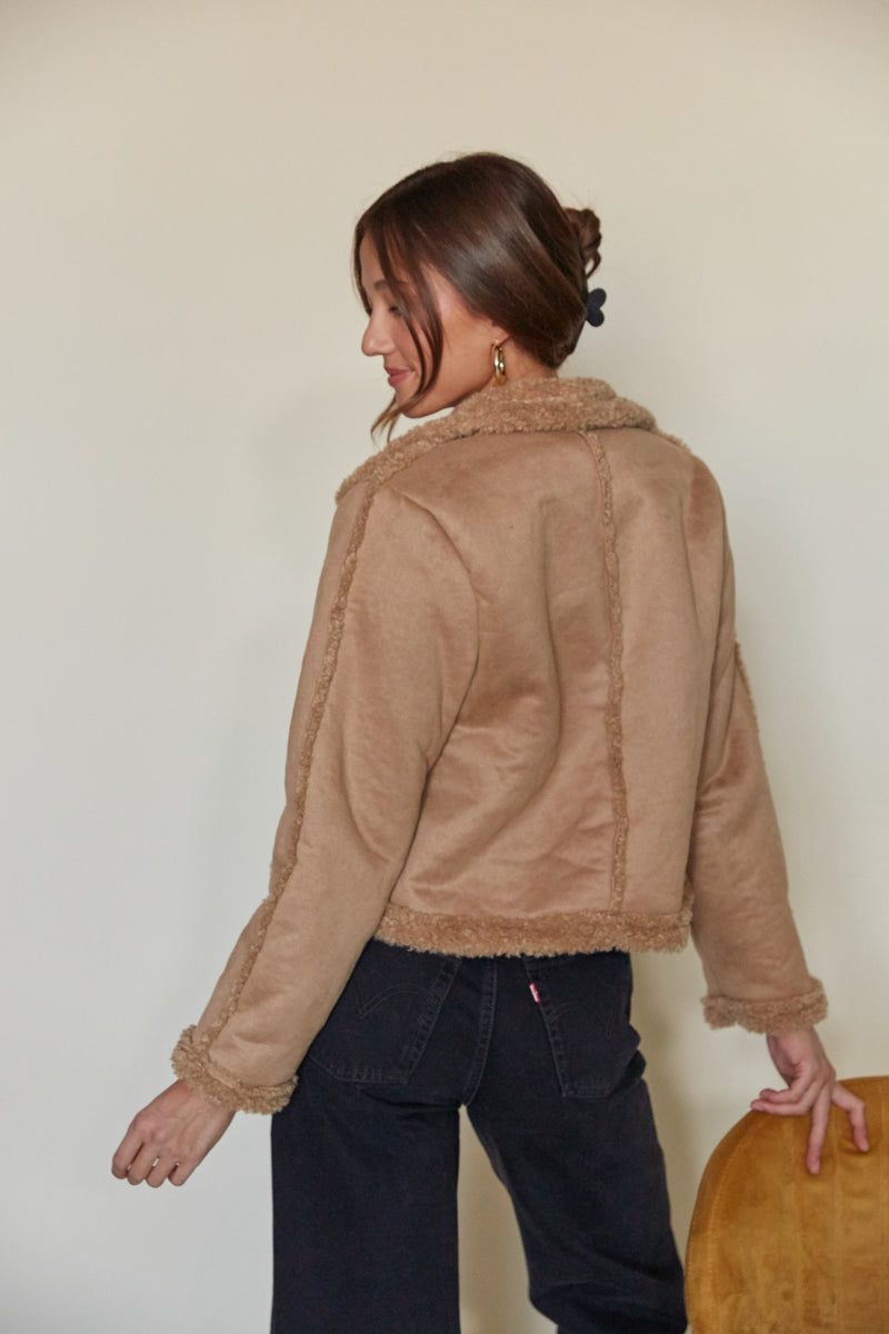 brown sherpa lined jacket - fuzzy fall jacket - winter outerwear