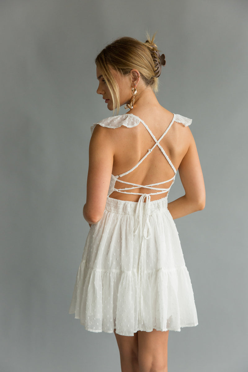 Aimee Flutter Sleeve Open Back Mini Dress Shop American Threads White / L Aimee Flutter Sleeve Open Back Mini Dress Shop American Threads White / L