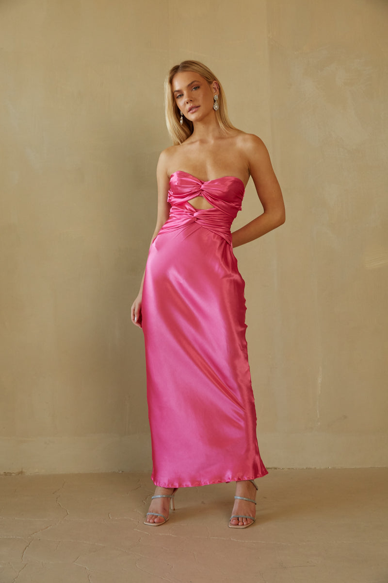 hot pink satin strapless maxi dress