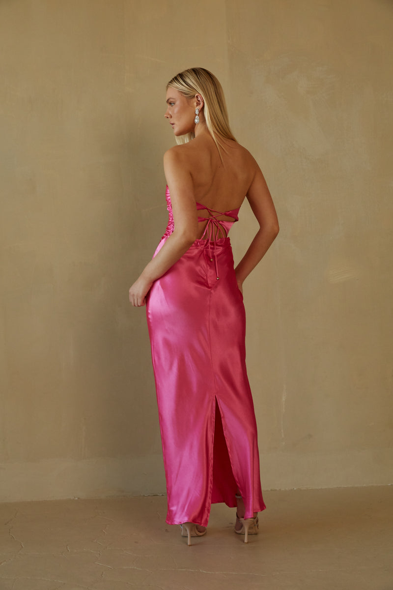 hot pink lace up back strapless maxi dress