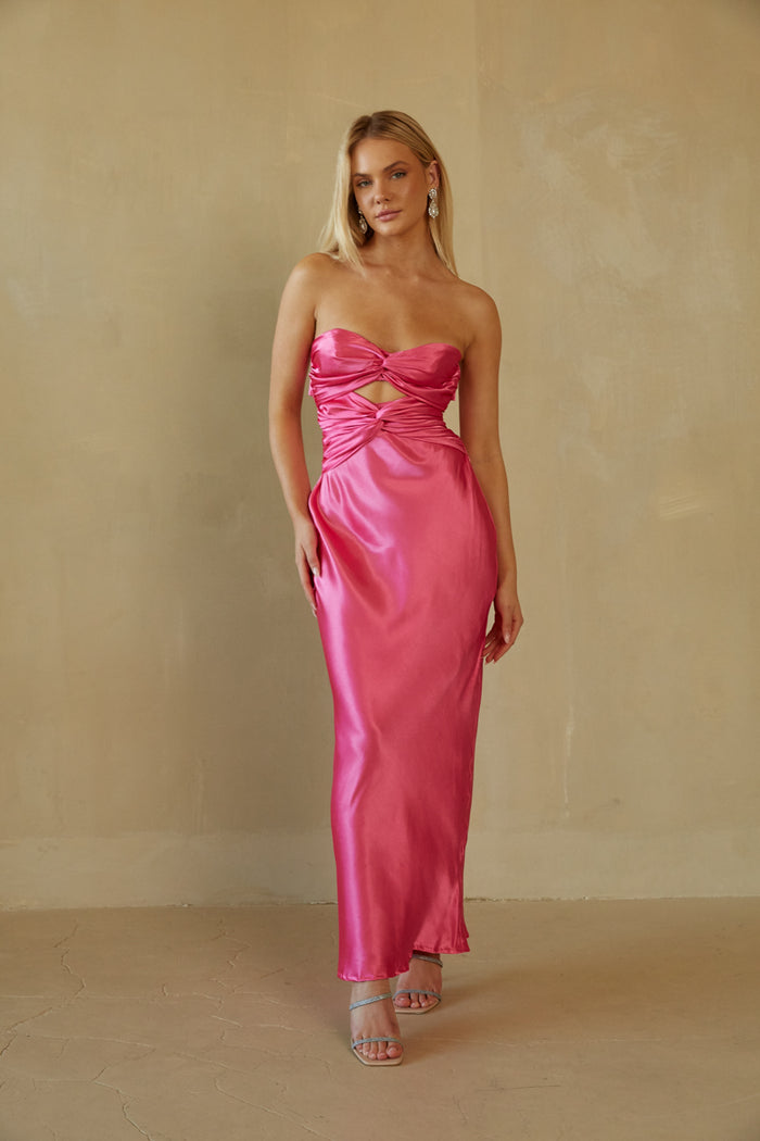 pink double twist keyhole front maxi dress with cutouts