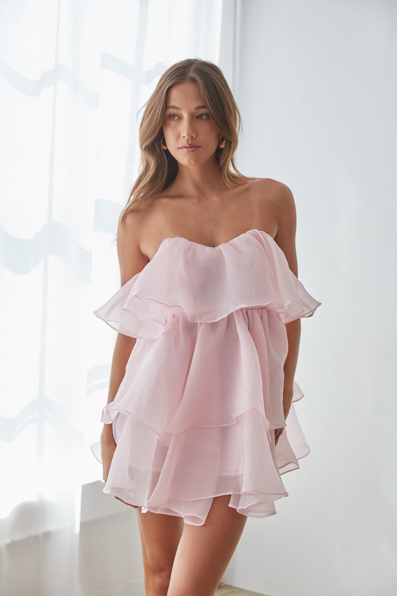spring baby pink tiered baby doll mini dress with sweetheart cut neckline