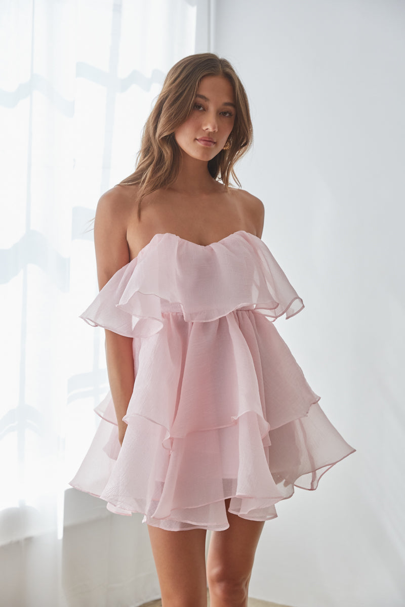 baby pink organza tiered mini dress withe sweetheart neckline