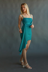 greek goddess drape mini dress inspo - turquoise hoco dress