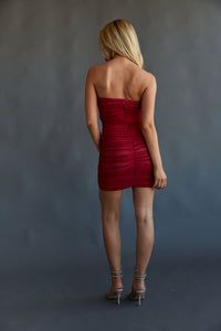 red ruched strapless mini dress - rosette applique formal dress - sexy magenta homecoming dress