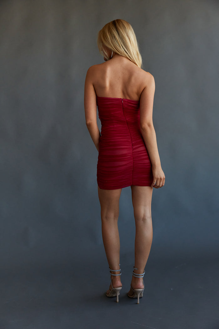 Alexia Strapless Rosette Drape Bodycon Mini Dress Shop American Threads Women's Trendy Online Boutique Hot Pink / M Alexia Strapless Rosette Drape Bodycon Mini Dress Shop American Threads Women's Trendy Online Boutique Hot Pink / M