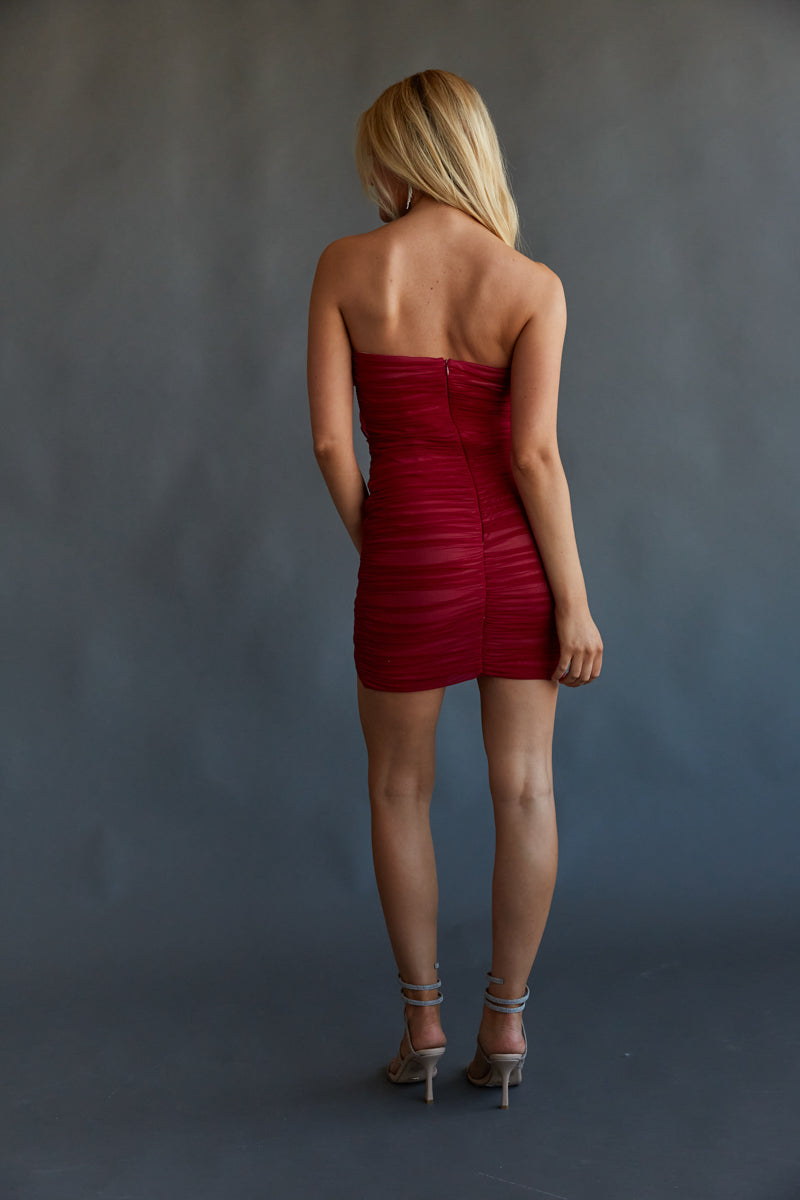 Alexia Strapless Rosette Drape Bodycon Mini Dress Shop American Threads Women's Trendy Online Boutique Hot Pink / M Alexia Strapless Rosette Drape Bodycon Mini Dress Shop American Threads Women's Trendy Online Boutique Hot Pink / M