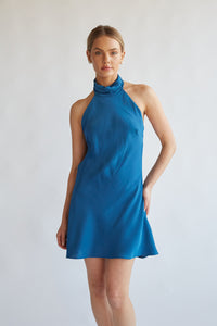 cobalt blue high neck satin mini dress | blue short hoco dress inspo 2024