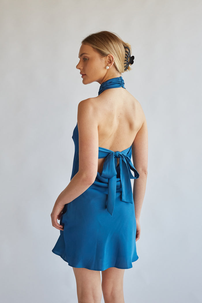 Open back marine blue a line mini dress with bow detailing | modest formal mini dresses