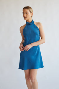pleated high neck mini dress with open back | true blue hoco mini dress