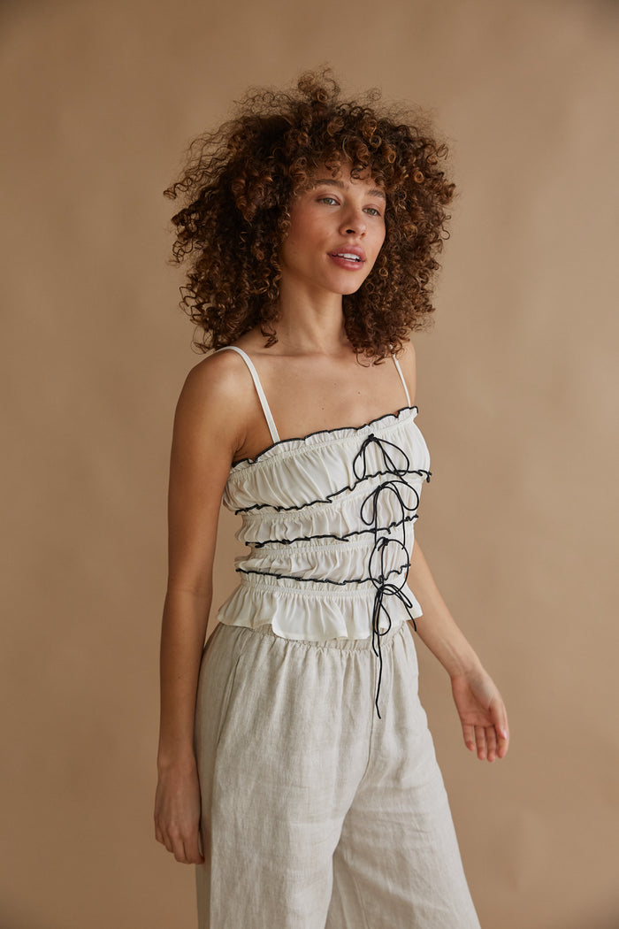 white smocked tank top with black contrast