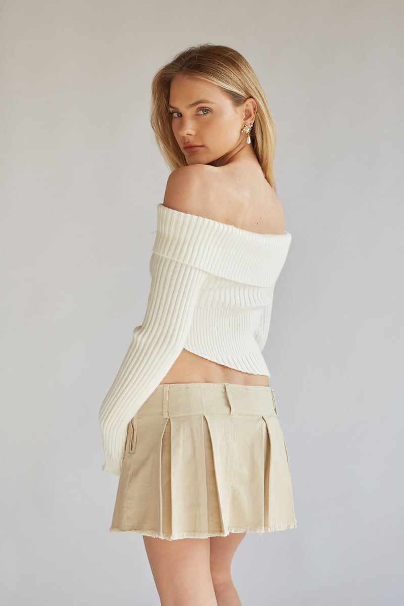 ivory off the shoulder knit ribbed sweater top with pointed hem | what to wear for spring semester 2024