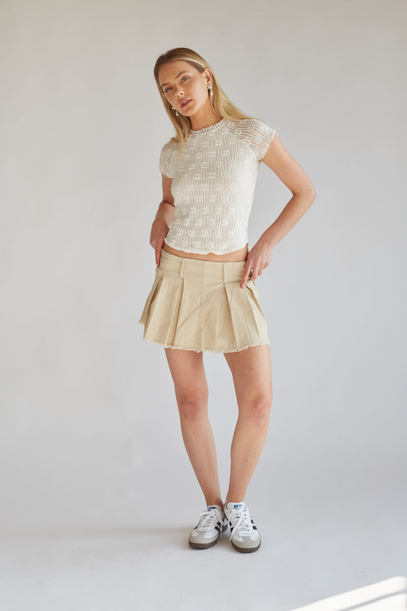 light tan ultra mini skirt with pleats and belt loops | edgy chic mini skirt