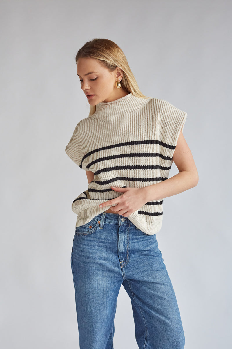 griege mock neck chunky ribbed knit sleeveless boxy top with black stripes | clean girl aesthetic top