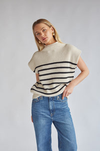 off white knit sleeveless sweater with black stripes | elevated basics you need in 2024