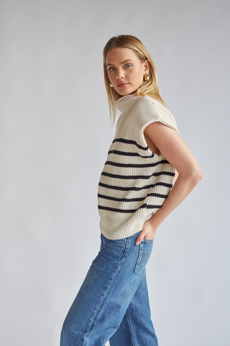 high neck tan ribbed sleeveless sweater vest top with horizontal black stripes | sophia richie inspired outfit 