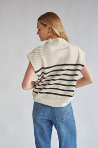 oatmeal tan ribbed mock neck sleeveless chunky knit sweater | black striped elevated basic