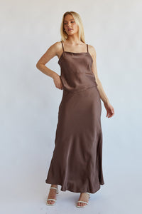 chocolate colored slinky and flowy maxi skirt - what to wear winter 2023