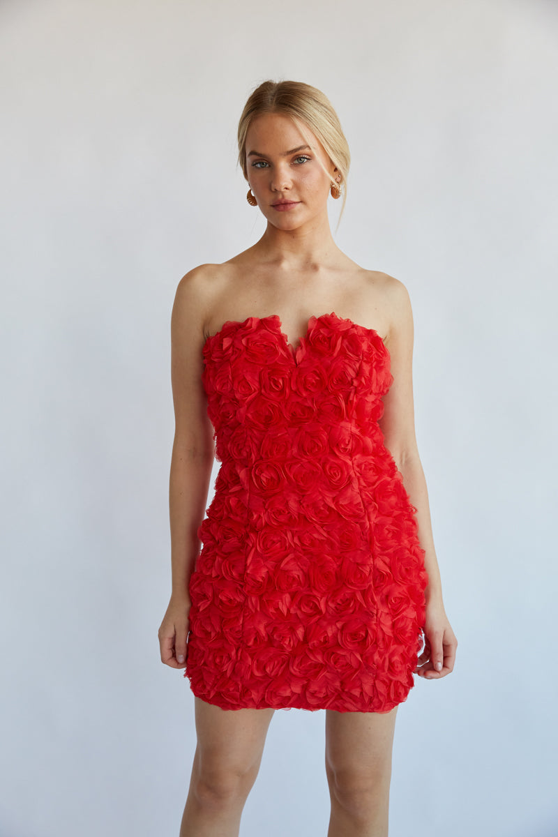 Angelia Strapless Rose Applique Bodycon Mini Dress Shop American Threads Women's Trendy Online Boutique Red / L Angelia Strapless Rose Applique Bodycon Mini Dress Shop American Threads Women's Trendy Online Boutique Red / L