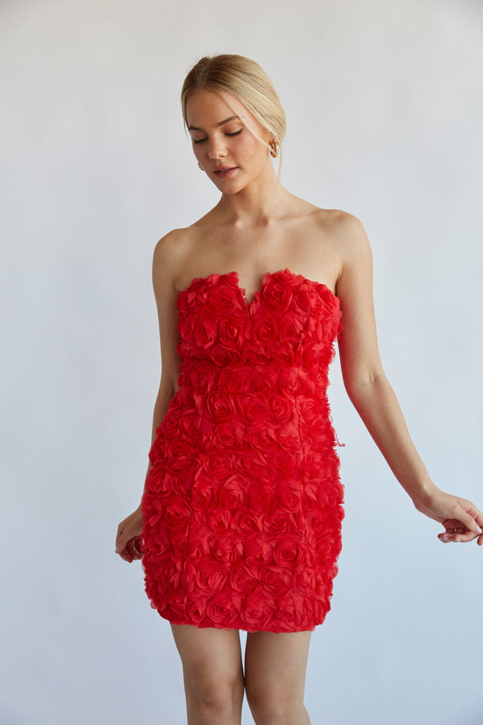 Angelia Strapless Rose Applique Bodycon Mini Dress Shop American Threads Women's Trendy Online Boutique Red / L Angelia Strapless Rose Applique Bodycon Mini Dress Shop American Threads Women's Trendy Online Boutique Red / L