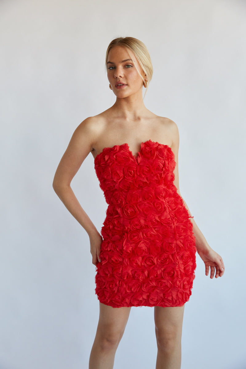 Angelia Strapless Rose Bodycon Mini Dress, Red / L