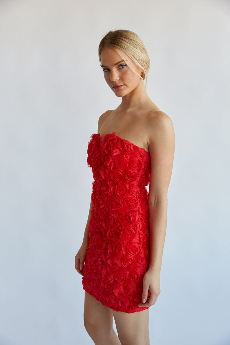 Angelia Strapless Rose Applique Bodycon Mini Dress • Shop American Threads Women's Trendy Online Boutique Red / L