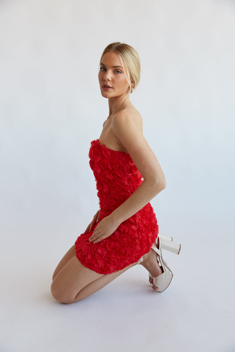 red strapless bodycon mini dress - rose applique homecoming dress - semi formal dress inspo