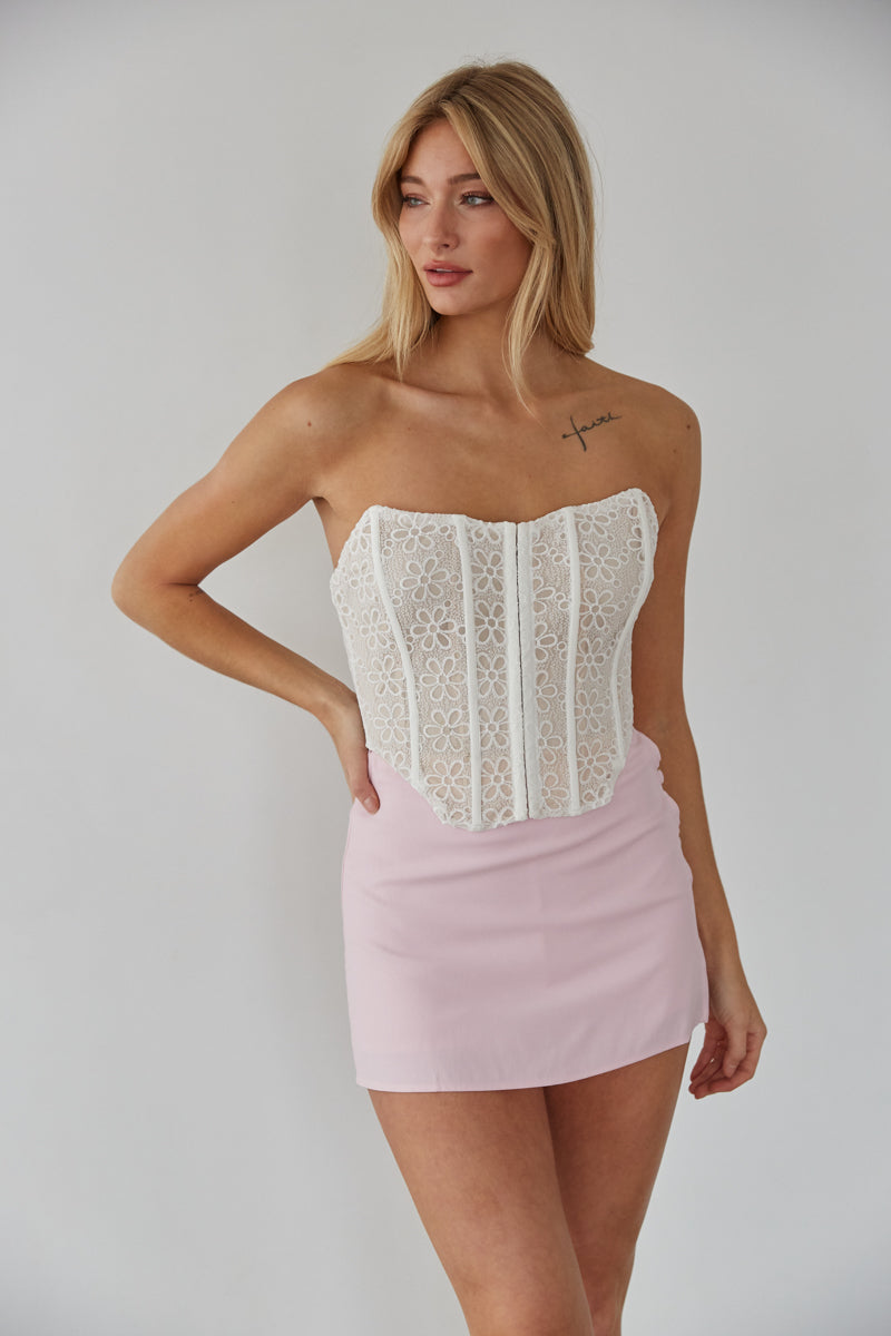 white lace corset top - strapless corset with floral lace overlay - cute summer top inspo
