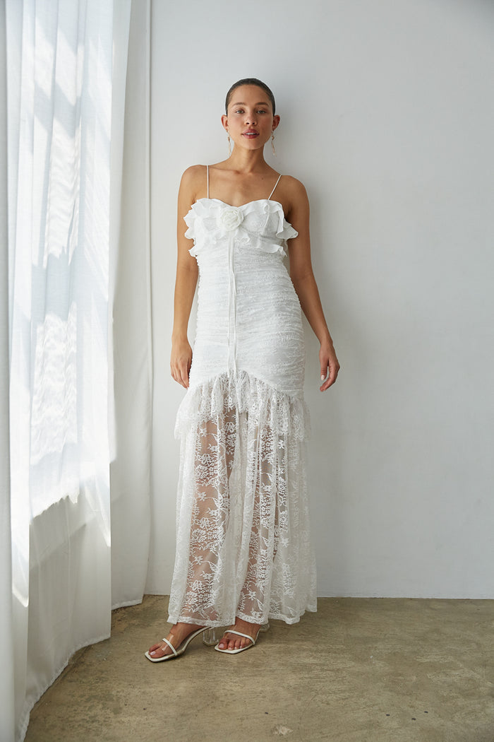 Aphrodite Lace Ruched Rosette Maxi Dress Shop American Threads White / M Aphrodite Lace Ruched Rosette Maxi Dress Shop American Threads White / M