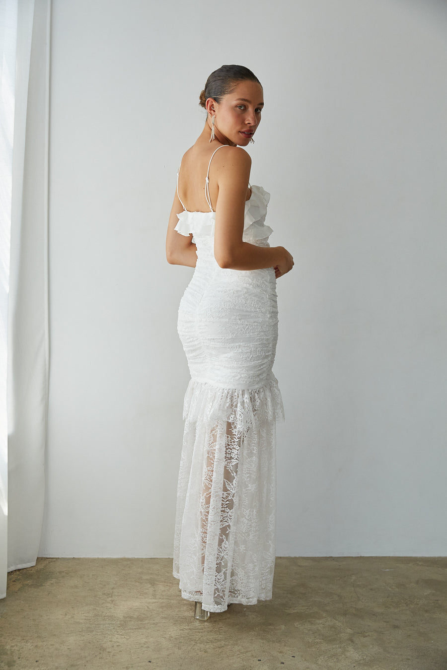 Aphrodite Lace Ruched Rosette Maxi Dress, White / M
