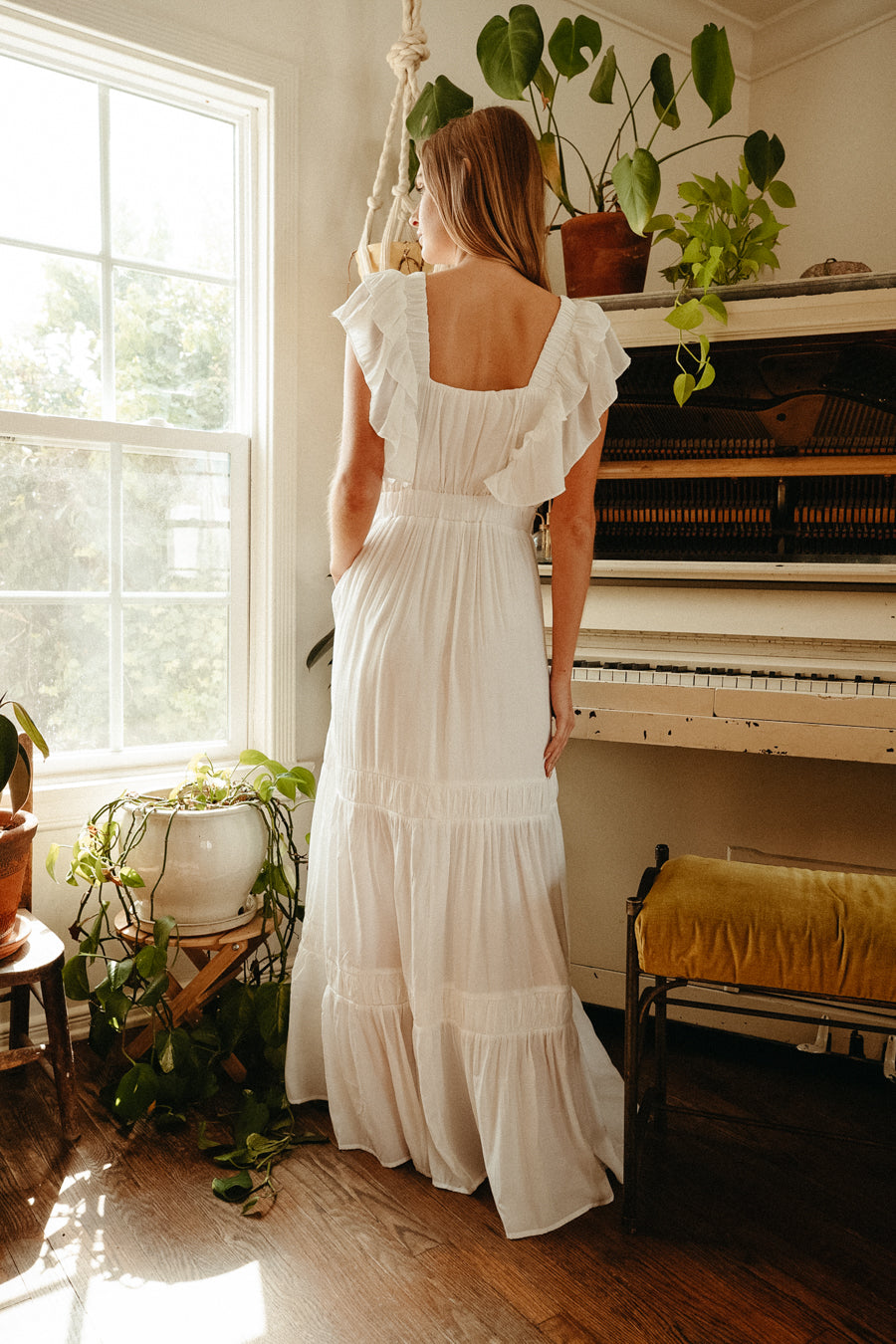 white ruffle sleeve smocked waist tiered maxi dress | flowy white maxi dress