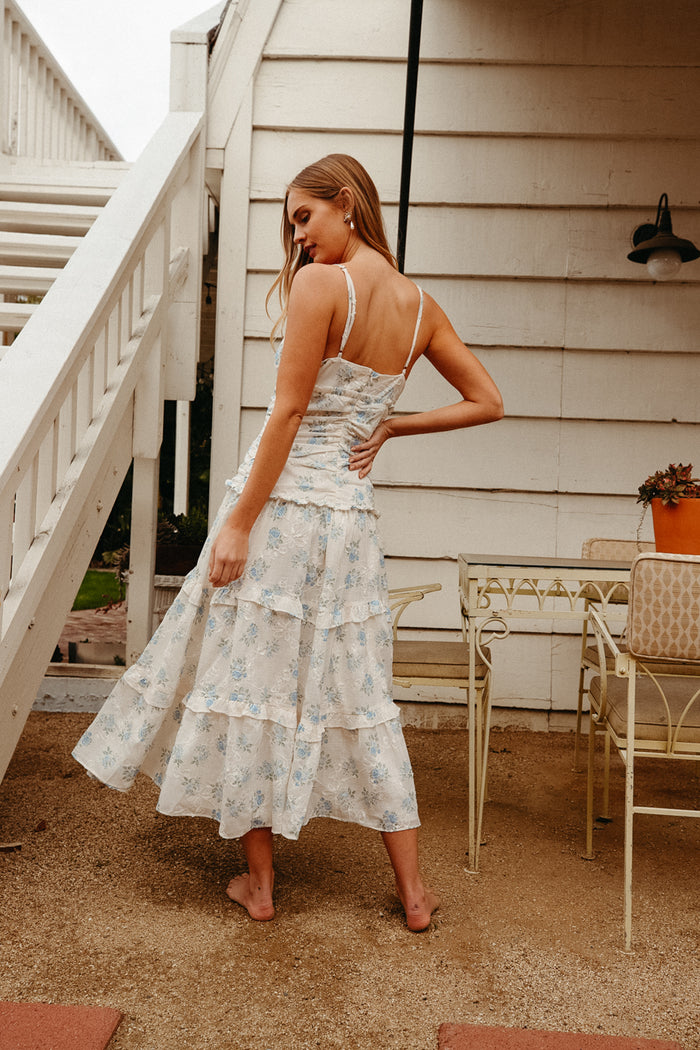 blue and white floral tiered ruffle maxi dress | garden party aesthetic maxi dress